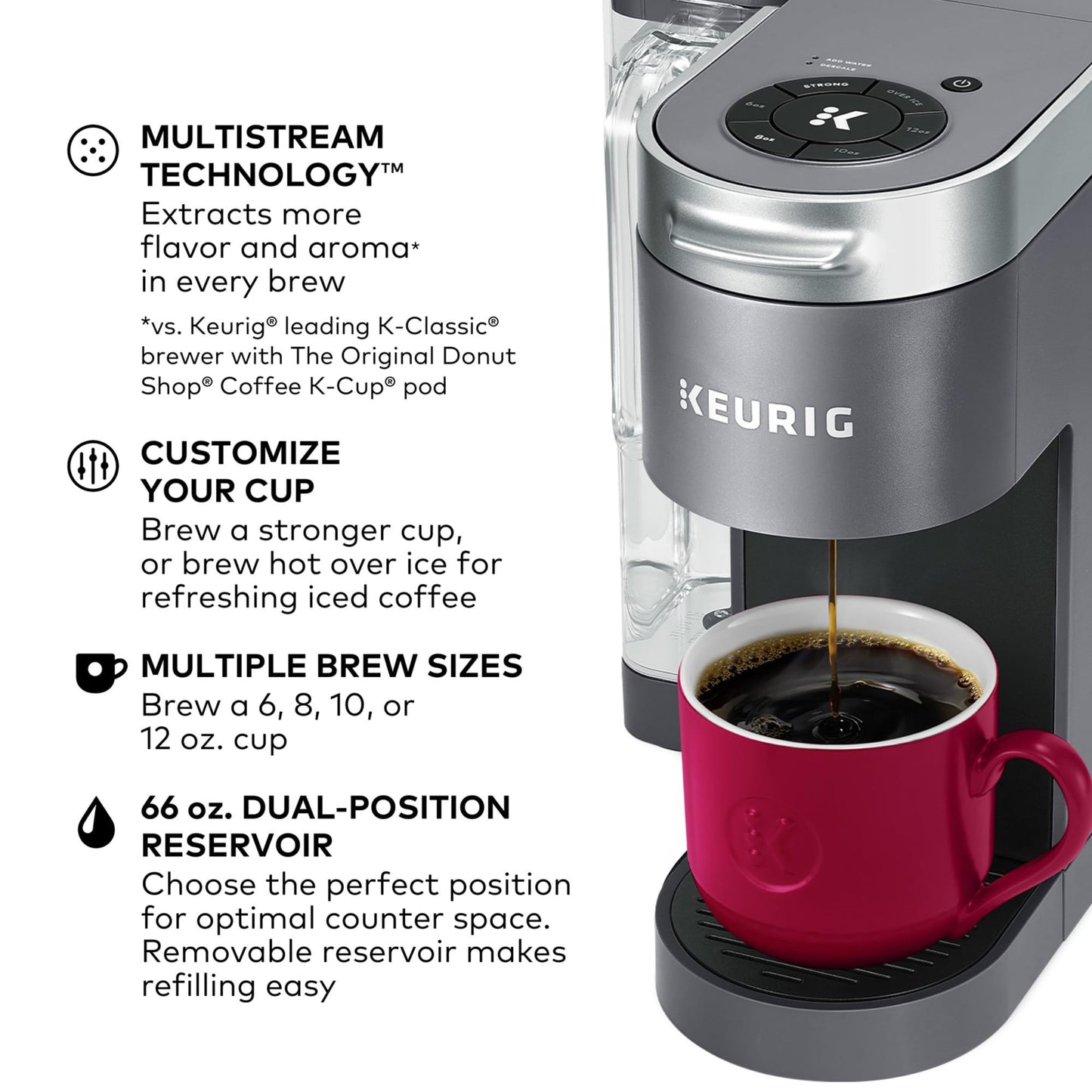 Keurig K-Supreme Single Serve K-Cup Pod Coffee Maker, MultiStream Technology, 4 Brew Sizes, 66oz Dual-Position Removable Reservoir, Gray