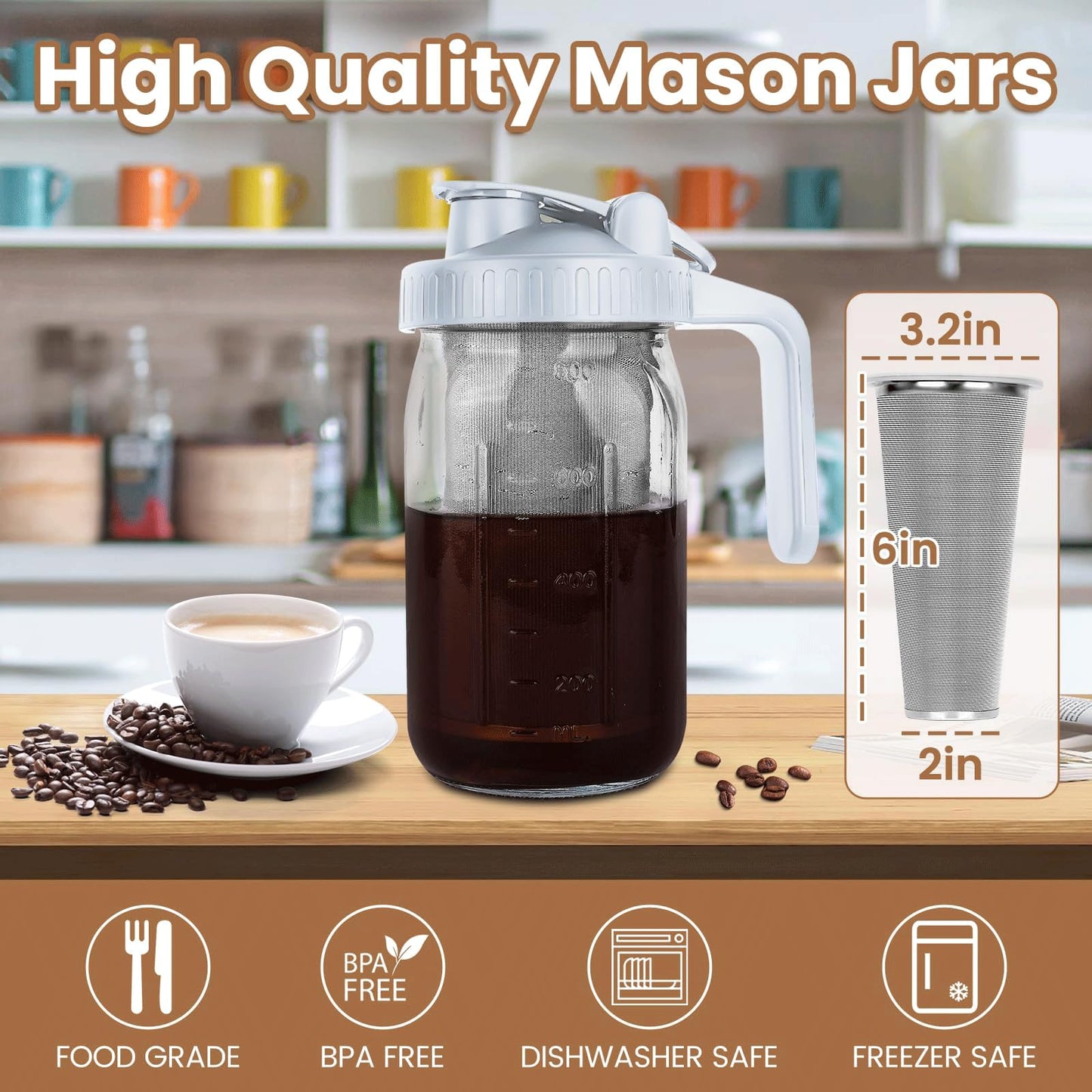 Cold Brew Coffee Maker, 64 oz Wide Mouth Mason Jar Pitcher with Stainless Steel Filter, Pour Spout Handle Lid, Heavy Duty Glass Airtight & Leak-Proof Pitcher for iced coffee & Tea Lemonade