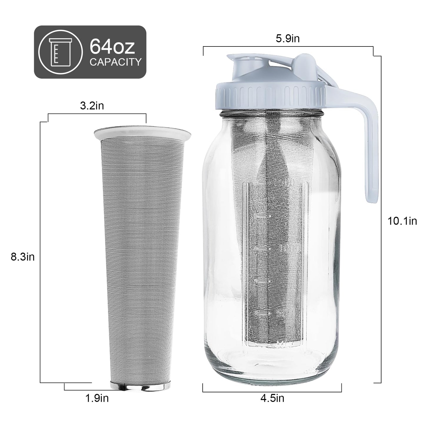 Cold Brew Coffee Maker, 64 oz Wide Mouth Mason Jar Pitcher with Stainless Steel Filter, Pour Spout Handle Lid, Heavy Duty Glass Airtight & Leak-Proof Pitcher for iced coffee & Tea Lemonade