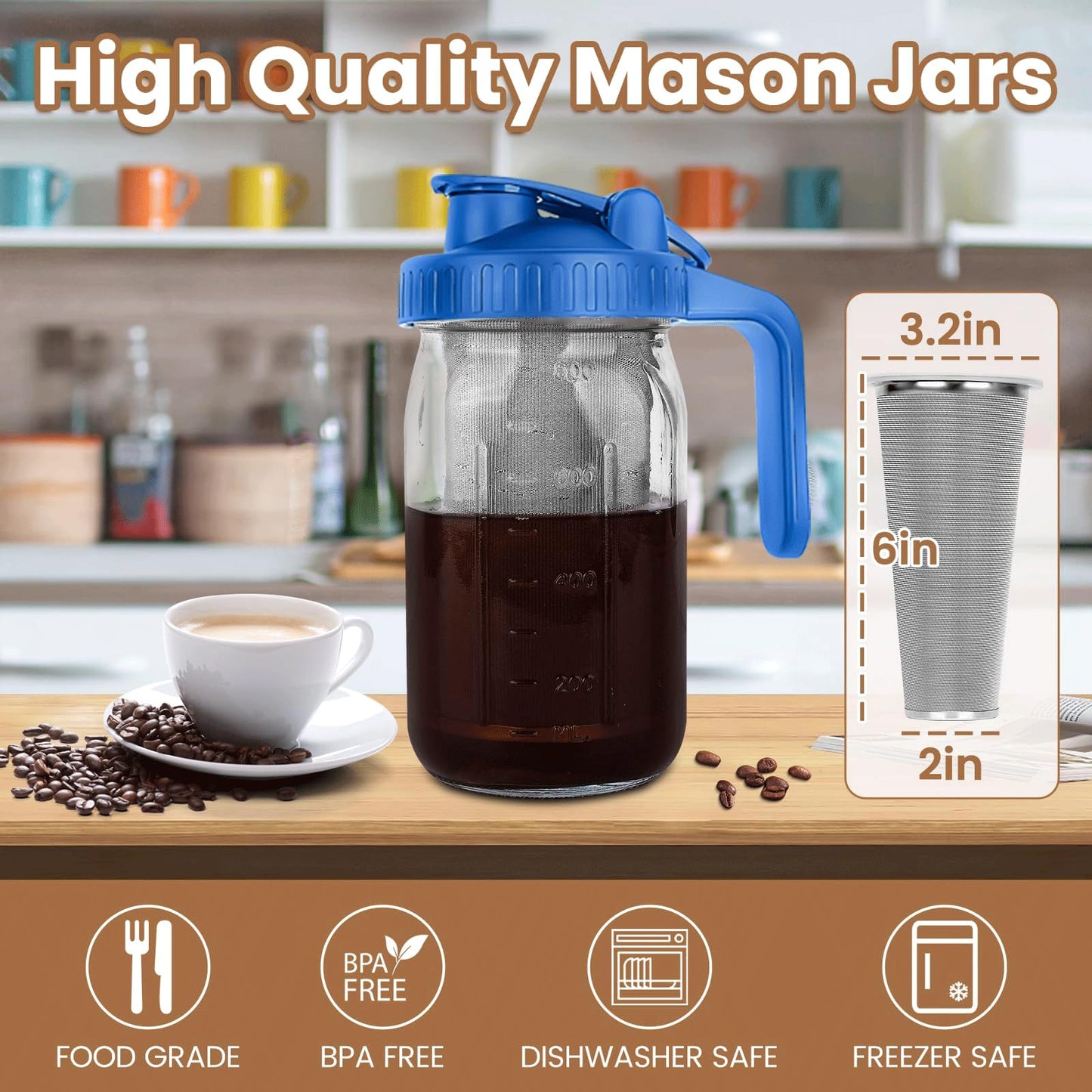 Cold Brew Coffee Maker, 64 oz Wide Mouth Mason Jar Pitcher with Stainless Steel Filter, Pour Spout Handle Lid, Heavy Duty Glass Airtight & Leak-Proof Pitcher for iced coffee & Tea Lemonade