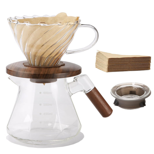 Pour Over Coffee Dripper with 100 pcs of Size 02 Paper Filter, Borosilicate Glass & Walnut Collar, Drip Coffee Maker, 1-3 Cups, Clear (Coffee Dripper)