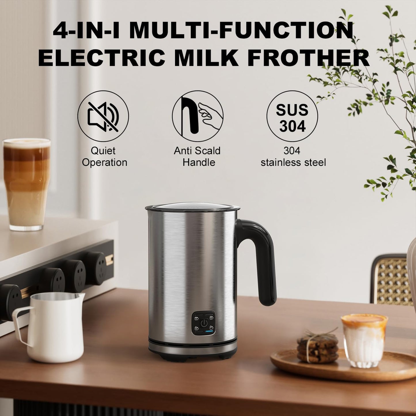 Electric Milk Frother, 4-in-1 Electric Milk Steamer,10 oz/300 ML Automatic Cold And Warm Foam Maker For Coffee,Latte,Cappuccino,Macciato, Hot chocolate,Non-Stick Coating,Easy Clean,Sliver