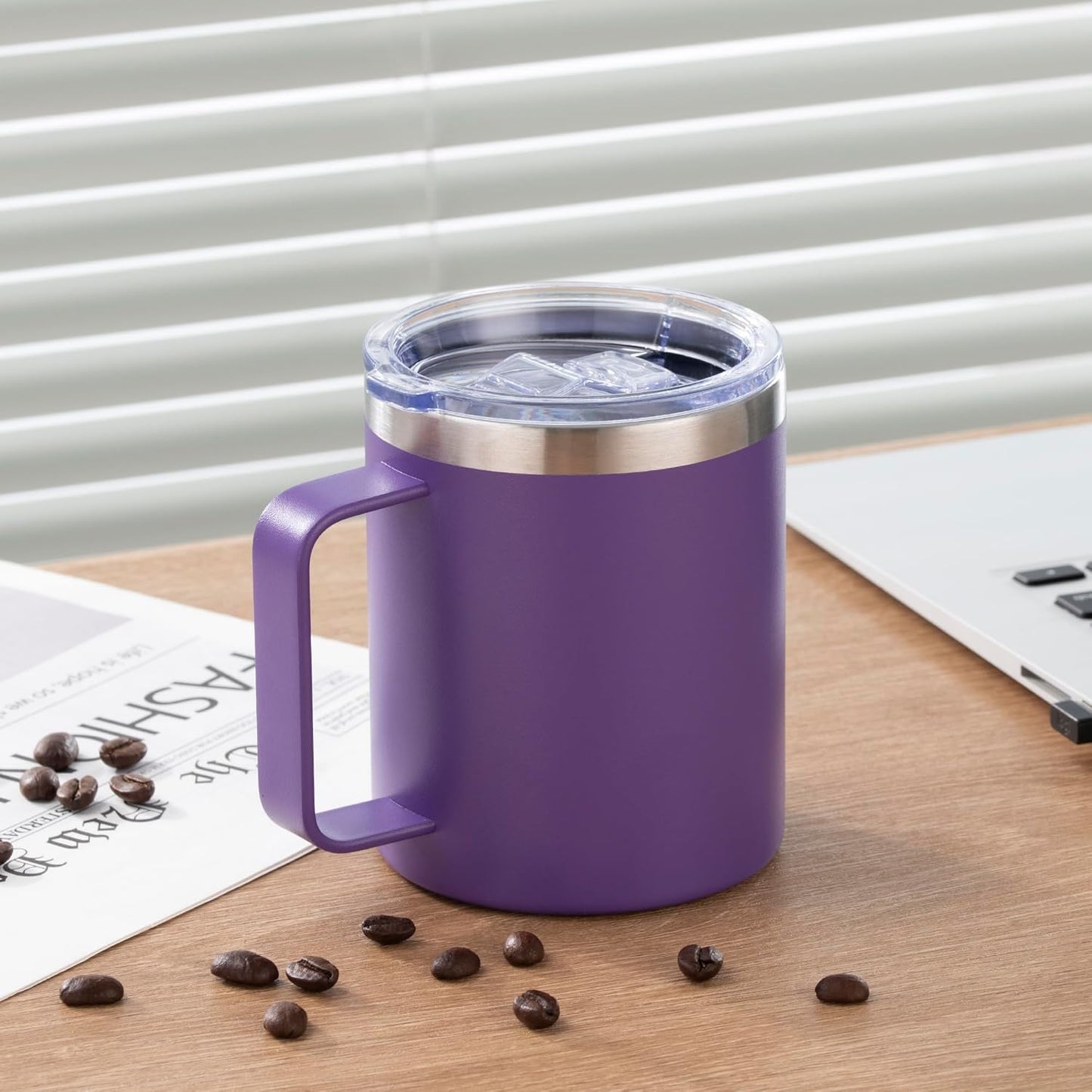 12 oz Insulated Stainless Steel Coffee Travel Mug with Handle and Lid for Coffee, Tea, hot Chocolate,Double Wall Vacuum Coffee Cup Keeps Coffee Hot (Purple)