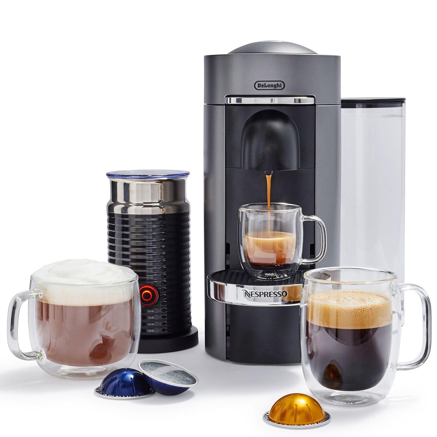 Nespresso Vertuo Plus Deluxe Coffee and Espresso Maker by De'Longhi, Titan with Aeroccino Milk Frother, 110 Volts