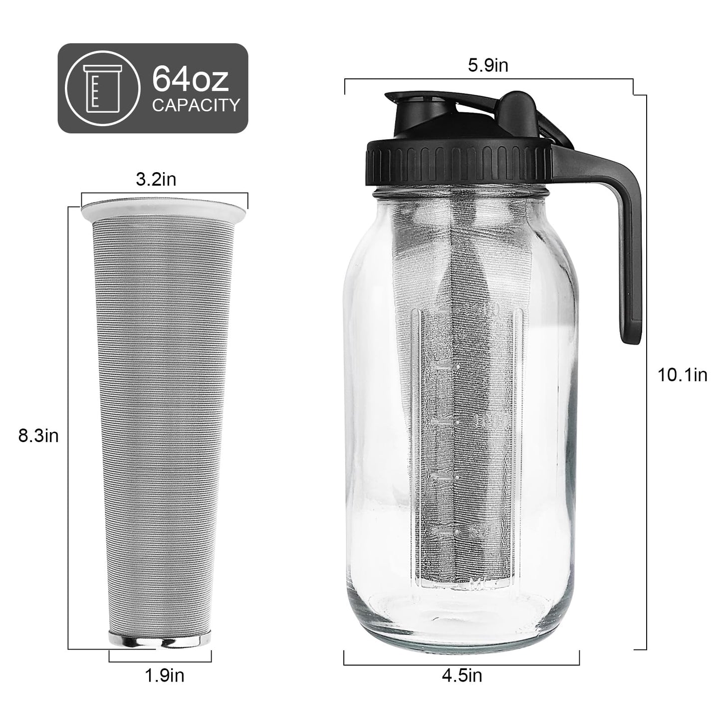 Cold Brew Coffee Maker, 64 oz Wide Mouth Mason Jar Pitcher with Stainless Steel Filter, Pour Spout Handle Lid, Heavy Duty Glass Airtight & Leak-Proof Pitcher for iced coffee & Tea Lemonade