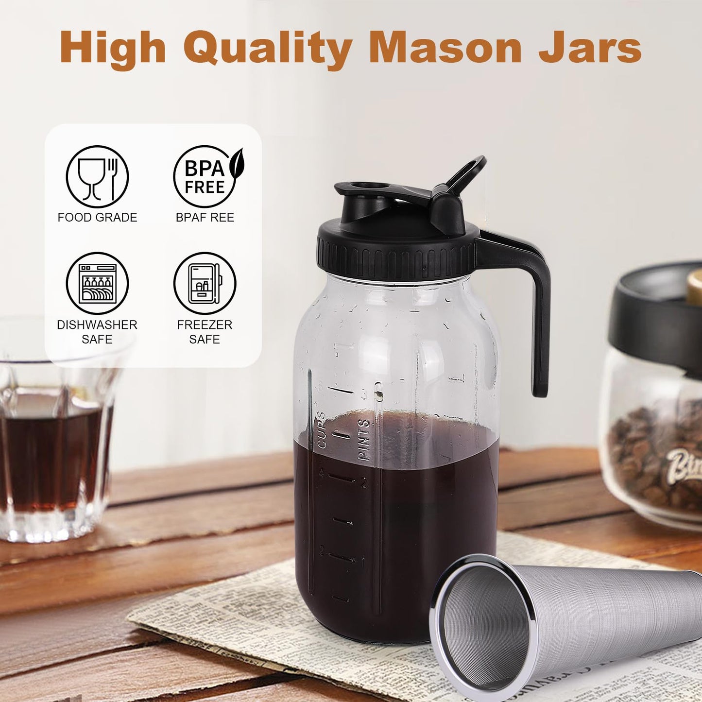 Cold Brew Coffee Maker, 64 oz Wide Mouth Mason Jar Pitcher with Stainless Steel Filter, Pour Spout Handle Lid, Heavy Duty Glass Airtight & Leak-Proof Pitcher for iced coffee & Tea Lemonade