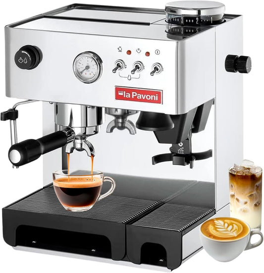 La Pavoni Domus Bar Espresso/Cappuccino Machine - Built-in Conical Burr Grinder with 7 Settings - Stainless Steel Body - 2.7L Water Reservoir - Turbo Steam Wand & Marine Brass Boiler - Made in Italy