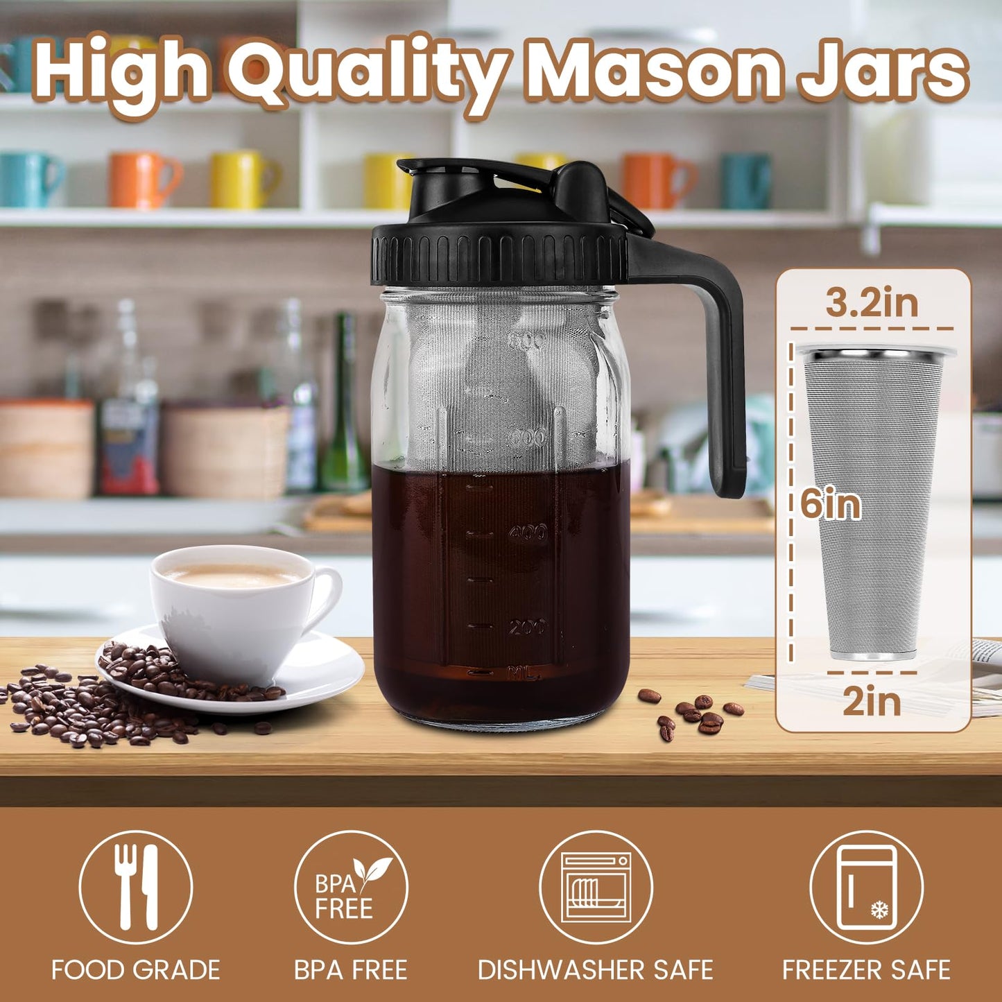 Cold Brew Coffee Maker, 64 oz Wide Mouth Mason Jar Pitcher with Stainless Steel Filter, Pour Spout Handle Lid, Heavy Duty Glass Airtight & Leak-Proof Pitcher for iced coffee & Tea Lemonade