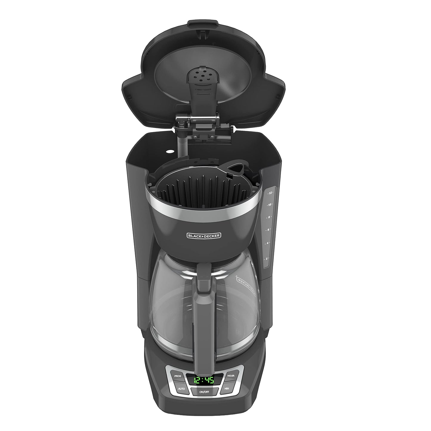 BLACK+DECKER 12-Cup Digital Coffee Maker, Programmable, Washable Basket Filter, Sneak-A-Cup, Auto Brew, Water Window, Keep Hot Plate, Black