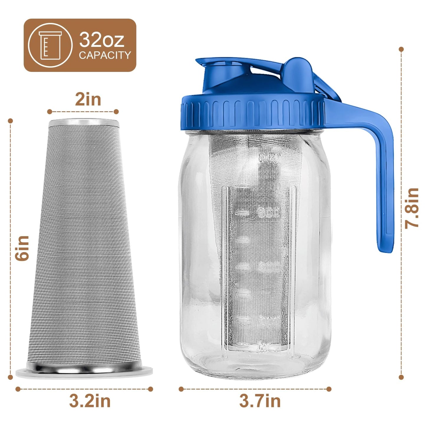 Cold Brew Coffee Maker, 64 oz Wide Mouth Mason Jar Pitcher with Stainless Steel Filter, Pour Spout Handle Lid, Heavy Duty Glass Airtight & Leak-Proof Pitcher for iced coffee & Tea Lemonade