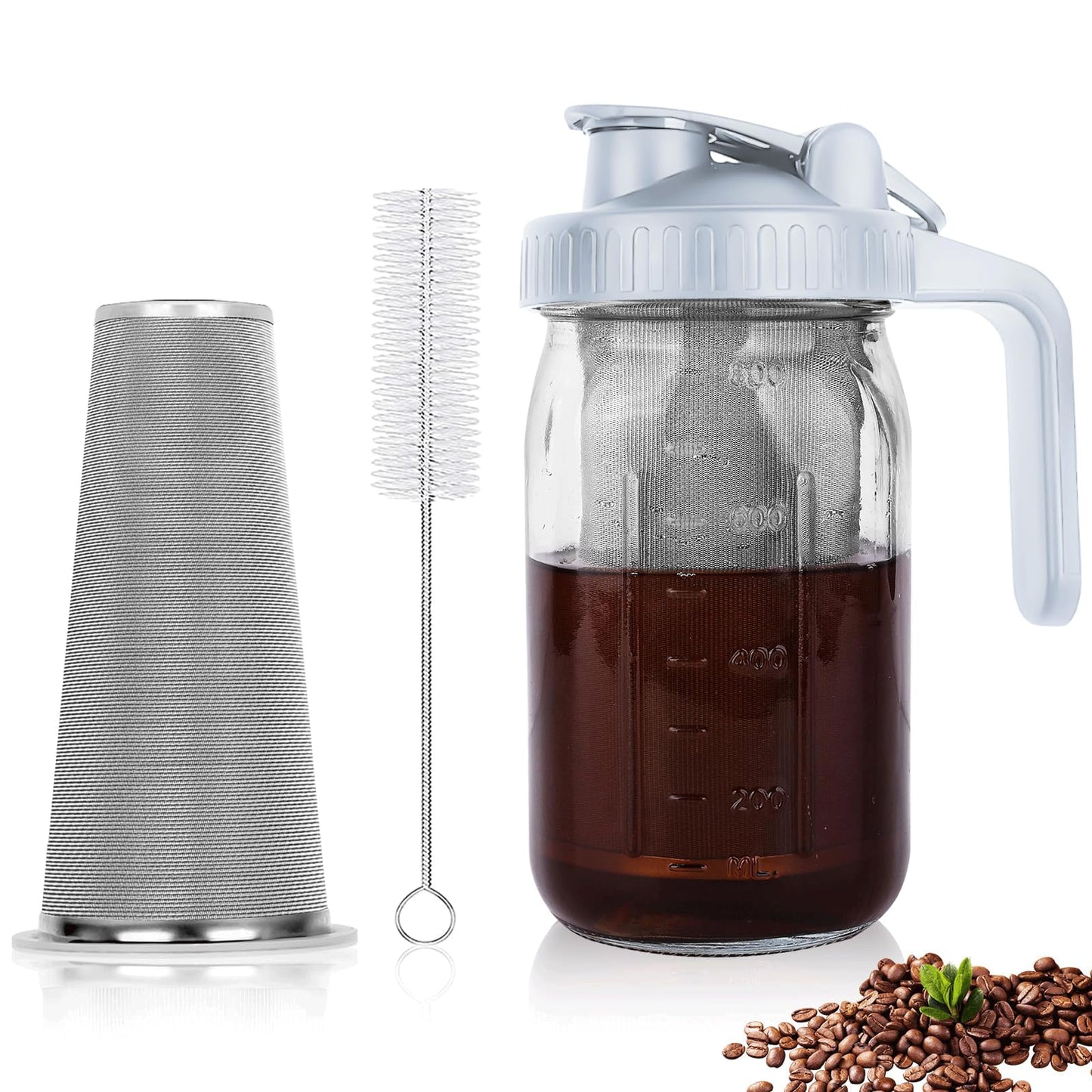 Cold Brew Coffee Maker, 64 oz Wide Mouth Mason Jar Pitcher with Stainless Steel Filter, Pour Spout Handle Lid, Heavy Duty Glass Airtight & Leak-Proof Pitcher for iced coffee & Tea Lemonade