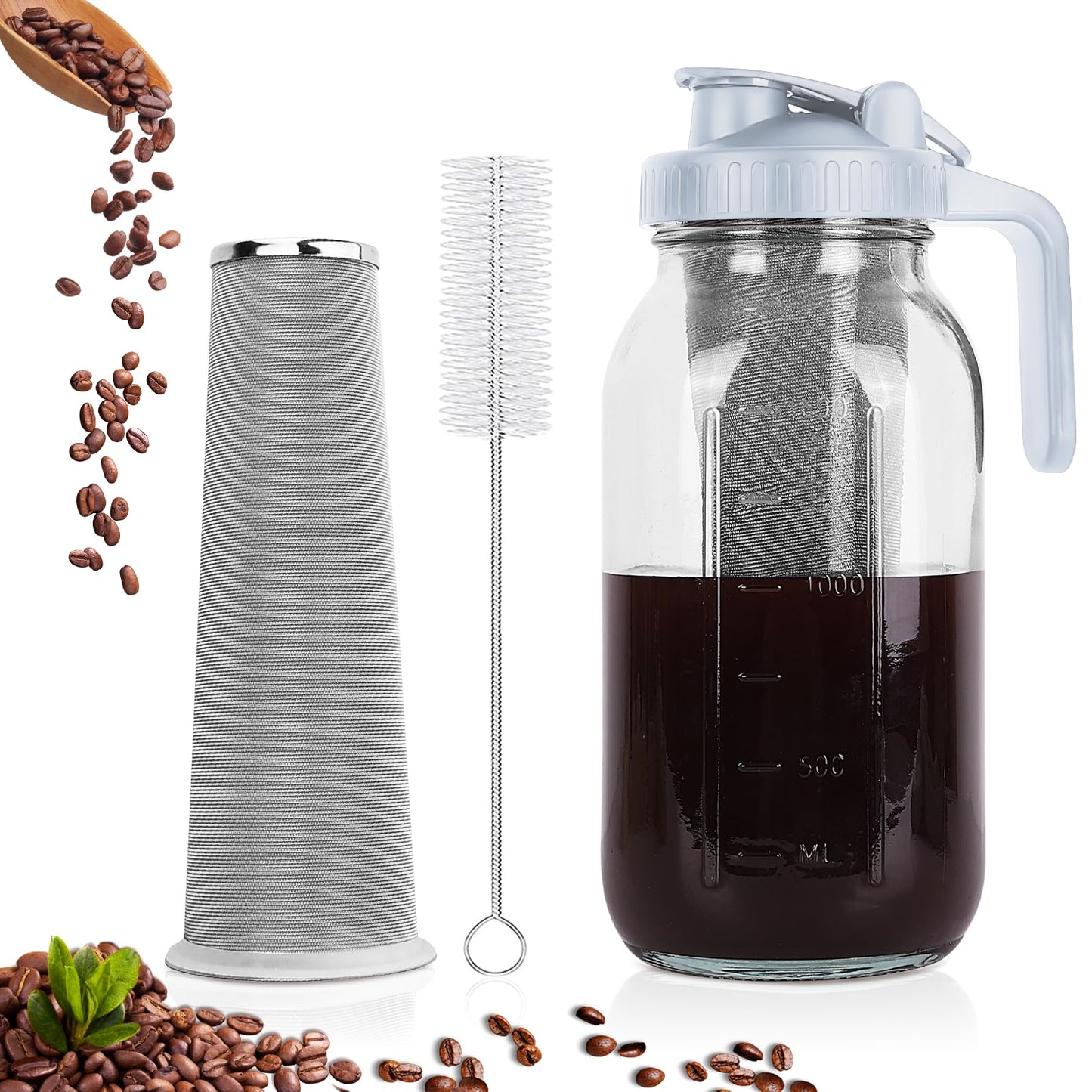 Cold Brew Coffee Maker, 64 oz Wide Mouth Mason Jar Pitcher with Stainless Steel Filter, Pour Spout Handle Lid, Heavy Duty Glass Airtight & Leak-Proof Pitcher for iced coffee & Tea Lemonade