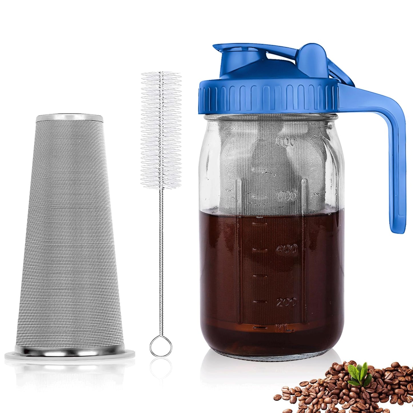 Cold Brew Coffee Maker, 64 oz Wide Mouth Mason Jar Pitcher with Stainless Steel Filter, Pour Spout Handle Lid, Heavy Duty Glass Airtight & Leak-Proof Pitcher for iced coffee & Tea Lemonade