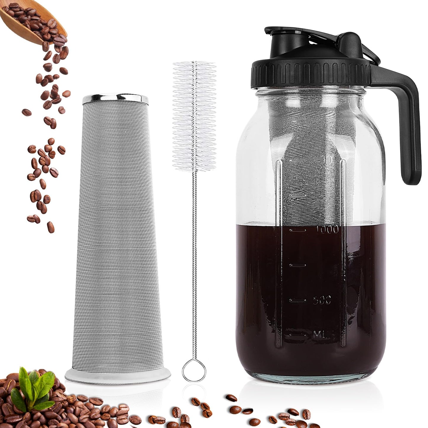 Cold Brew Coffee Maker, 64 oz Wide Mouth Mason Jar Pitcher with Stainless Steel Filter, Pour Spout Handle Lid, Heavy Duty Glass Airtight & Leak-Proof Pitcher for iced coffee & Tea Lemonade