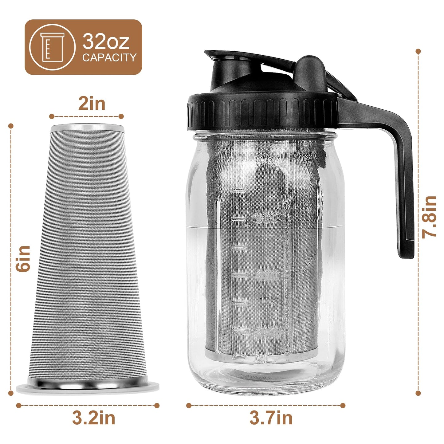 Cold Brew Coffee Maker, 64 oz Wide Mouth Mason Jar Pitcher with Stainless Steel Filter, Pour Spout Handle Lid, Heavy Duty Glass Airtight & Leak-Proof Pitcher for iced coffee & Tea Lemonade