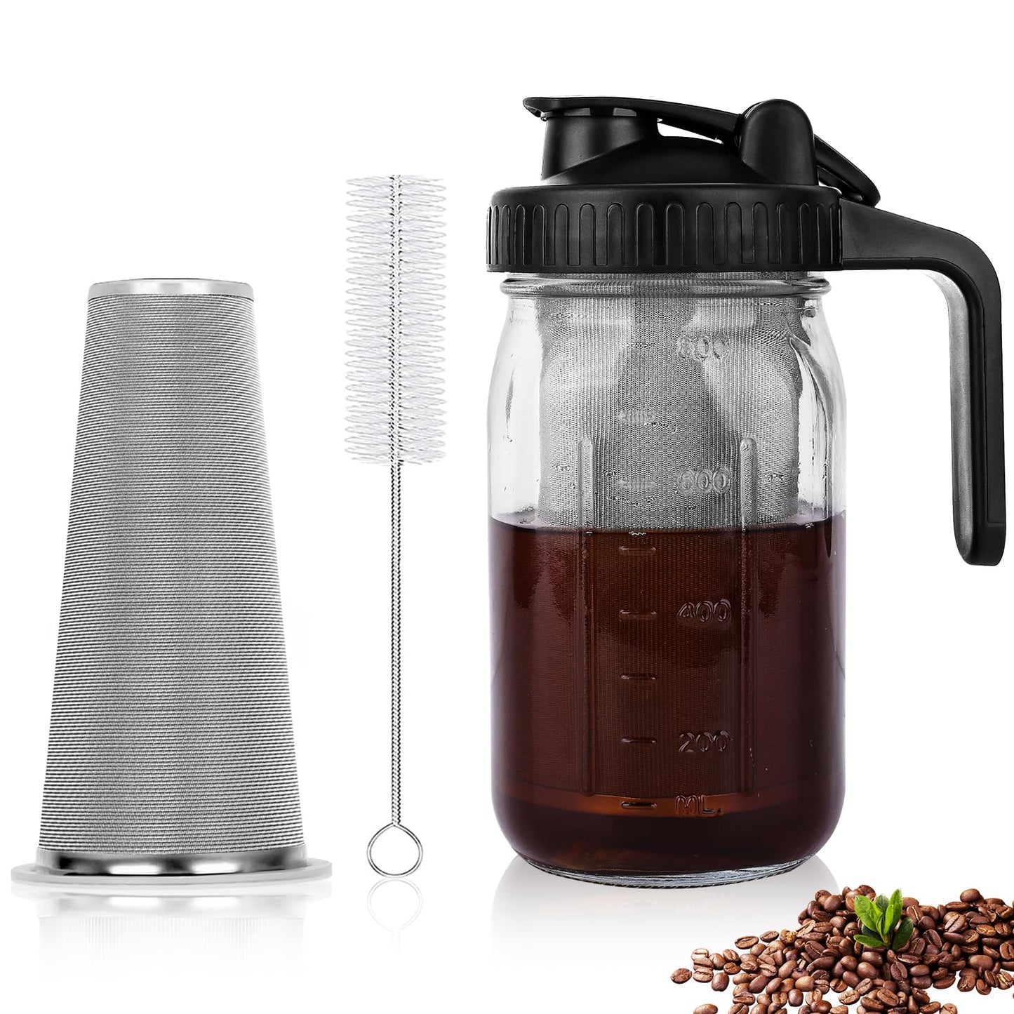 Cold Brew Coffee Maker, 64 oz Wide Mouth Mason Jar Pitcher with Stainless Steel Filter, Pour Spout Handle Lid, Heavy Duty Glass Airtight & Leak-Proof Pitcher for iced coffee & Tea Lemonade