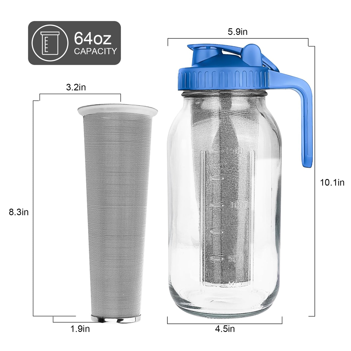 Cold Brew Coffee Maker, 64 oz Wide Mouth Mason Jar Pitcher with Stainless Steel Filter, Pour Spout Handle Lid, Heavy Duty Glass Airtight & Leak-Proof Pitcher for iced coffee & Tea Lemonade