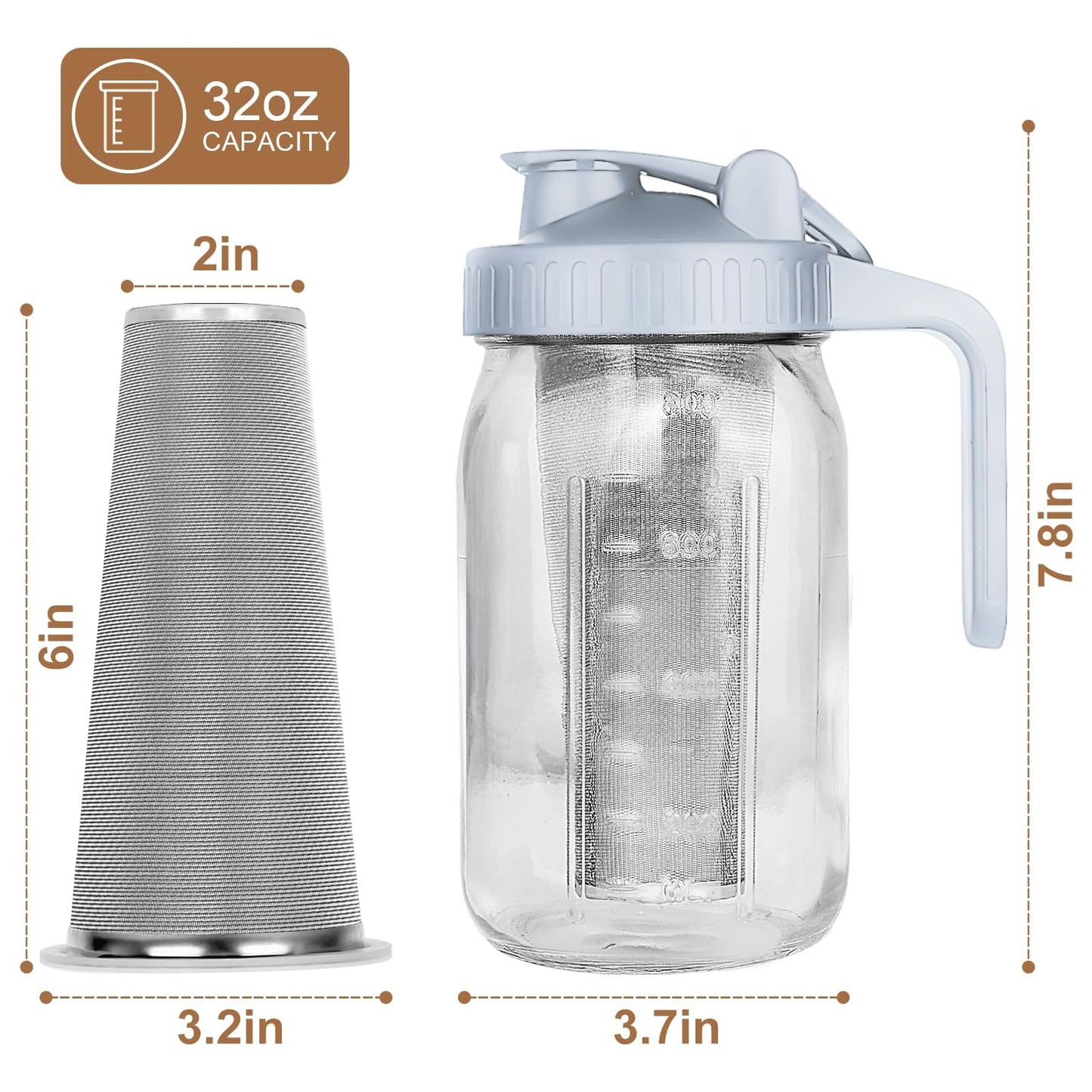 Cold Brew Coffee Maker, 64 oz Wide Mouth Mason Jar Pitcher with Stainless Steel Filter, Pour Spout Handle Lid, Heavy Duty Glass Airtight & Leak-Proof Pitcher for iced coffee & Tea Lemonade