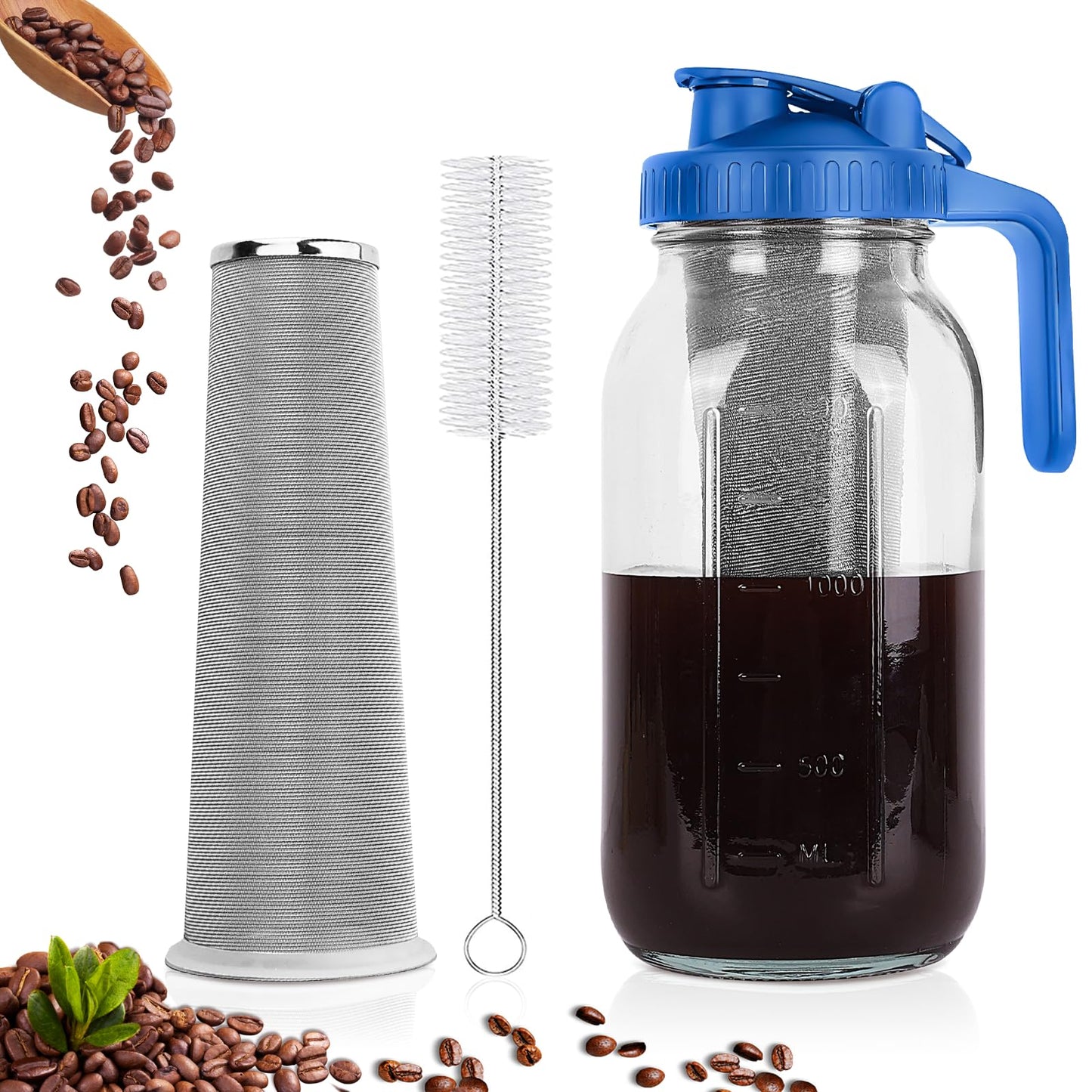 Cold Brew Coffee Maker, 64 oz Wide Mouth Mason Jar Pitcher with Stainless Steel Filter, Pour Spout Handle Lid, Heavy Duty Glass Airtight & Leak-Proof Pitcher for iced coffee & Tea Lemonade