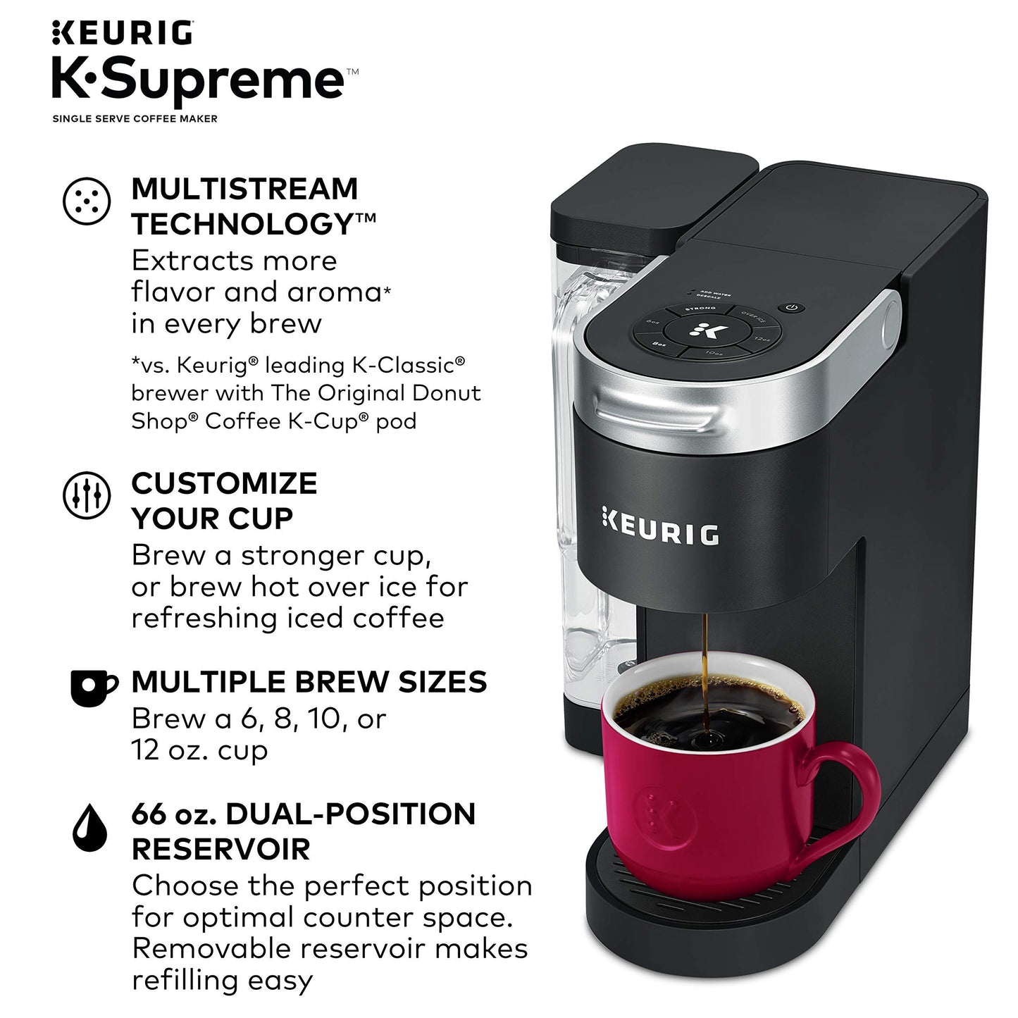 Keurig K-Supreme Single Serve K-Cup Pod Coffee Maker, MultiStream Technology, 4 Brew Sizes, 66oz Dual-Position Removable Reservoir, Gray